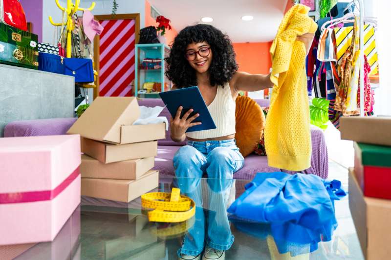 Young woman selling clothes online using a tablet, representing the best platforms to sell stuff online in 2025.