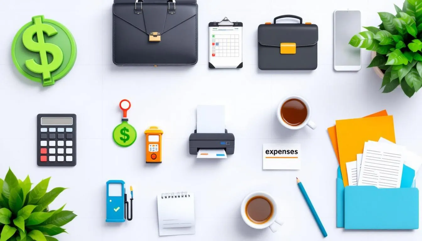 An image illustrating business tax deductions with symbols representing various business expenses.