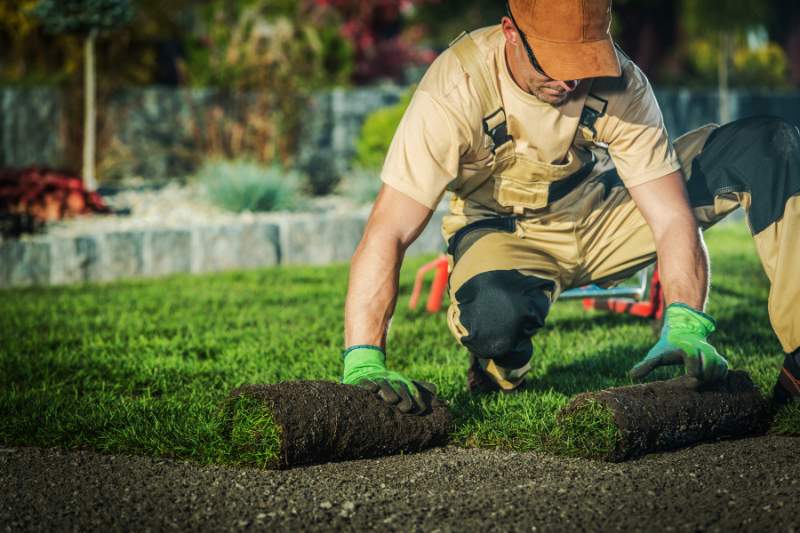 Landscaper laying down fresh grass as a summer side hustle idea for extra income and outdoor seasonal work.