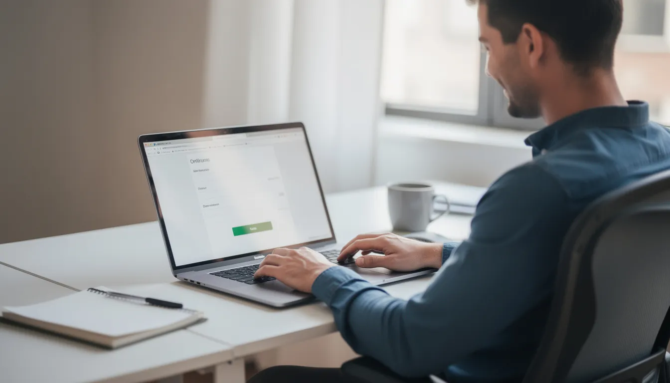 A person is sitting at a computer with a satisfied expression, completing an online tax form, likely for their federal income tax return. They appear focused and pleased, suggesting they are successfully navigating the process of filing their taxes online.