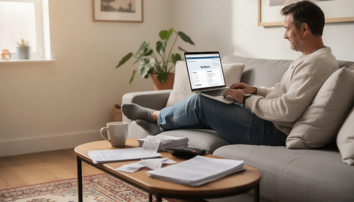 A person is sitting comfortably at home, focused on filing their federal income tax return using a laptop computer. The scene conveys a sense of ease and organization as they navigate tax software to prepare their tax forms and maximize their potential refund.