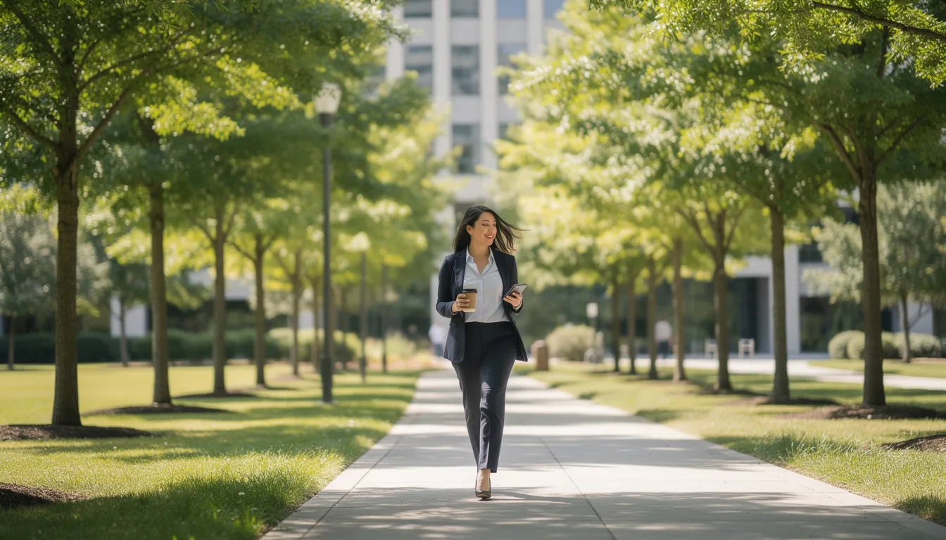 A person is walking along a path surrounded by trees during a work break, promoting a sense of well-being and work-life balance amidst workplace stress. This outdoor setting provides a peaceful escape, helping to manage anxiety and improve mental health.