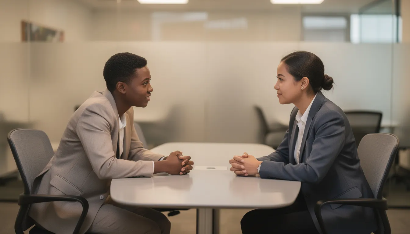 The image depicts two individuals engaged in a calm and supportive conversation within a professional setting, fostering an environment that encourages open dialogue about workplace anxiety and mental health. This interaction highlights the importance of professional support and coping strategies for managing anxiety in the workplace.