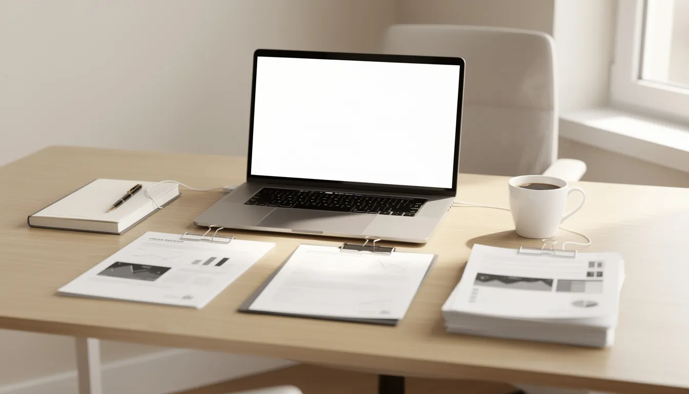 The image features an organized desk with a laptop open to a financial document, scattered papers, and a coffee cup, suggesting a space for tax preparation and filing. This setup is ideal for taxpayers looking to file their federal income tax return efficiently, possibly using tax software to maximize their refund.