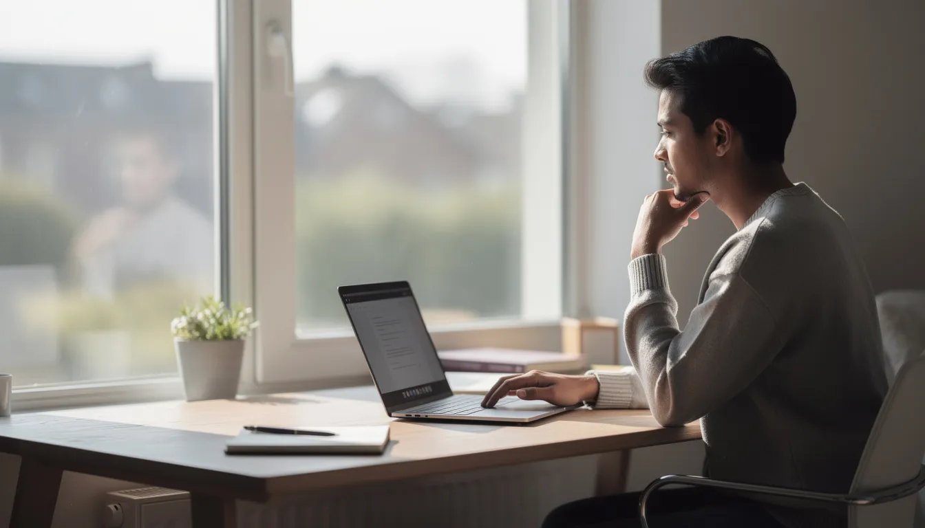 A person is sitting at a desk near a window, illuminated by natural light, looking thoughtful while working on a laptop. This scene captures the essence of workplace anxiety, as the individual appears to be reflecting on their tasks and managing the stress associated with work-related responsibilities.