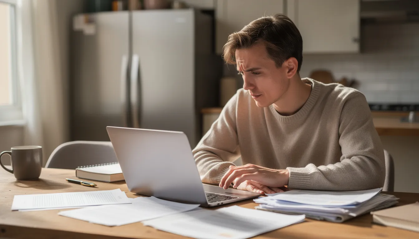 A person is sitting at a kitchen table, focused and calm while using a laptop surrounded by scattered paper documents related to their federal income tax return. They appear to be engaged in tax preparation, possibly filing their federal taxes online and organizing their tax docs for a bigger refund.
