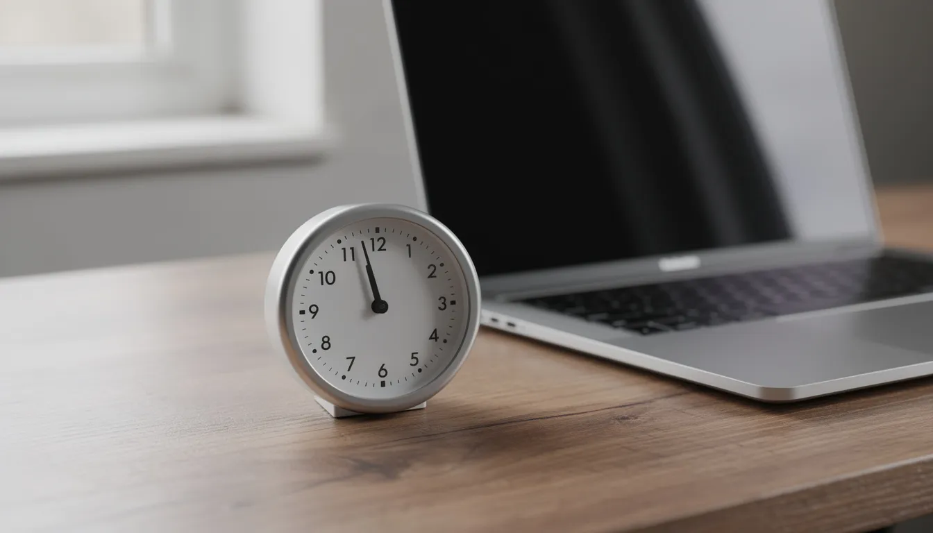 The image features a simple kitchen timer placed on a wooden desk beside a laptop, symbolizing a tool to help stop procrastinating and manage important tasks. This setup encourages focus and productivity, making it easier to address procrastination habits and overcome negative emotions associated with time management.