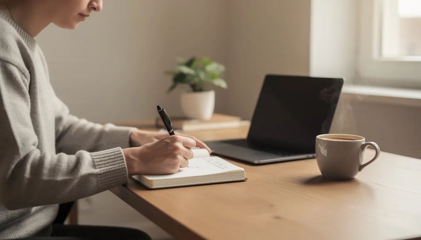 The image shows a person sitting at a desk, focused on writing notes in a journal, with a cup of coffee nearby, symbolizing a moment to practice self-compassion and address procrastination habits. This scene captures the essence of overcoming procrastination and managing negative emotions while engaging in important tasks.