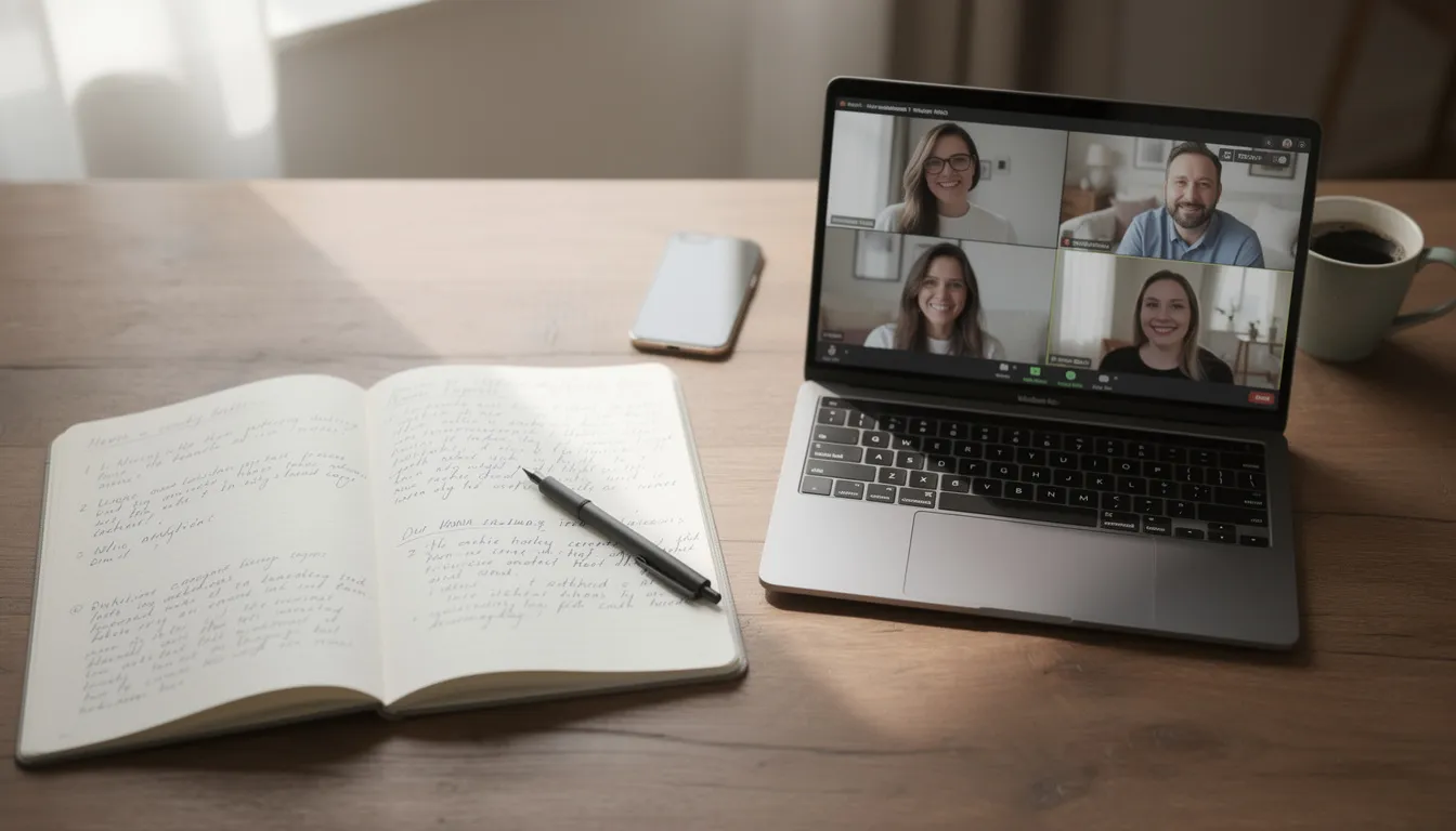 The image shows an open notebook filled with handwritten notes alongside a laptop displaying a video call, symbolizing the importance of staying organized and focused to stop procrastinating on important tasks. This setup reflects a productive environment where one can address procrastination habits and practice self-compassion while managing negative emotions and self-doubt.