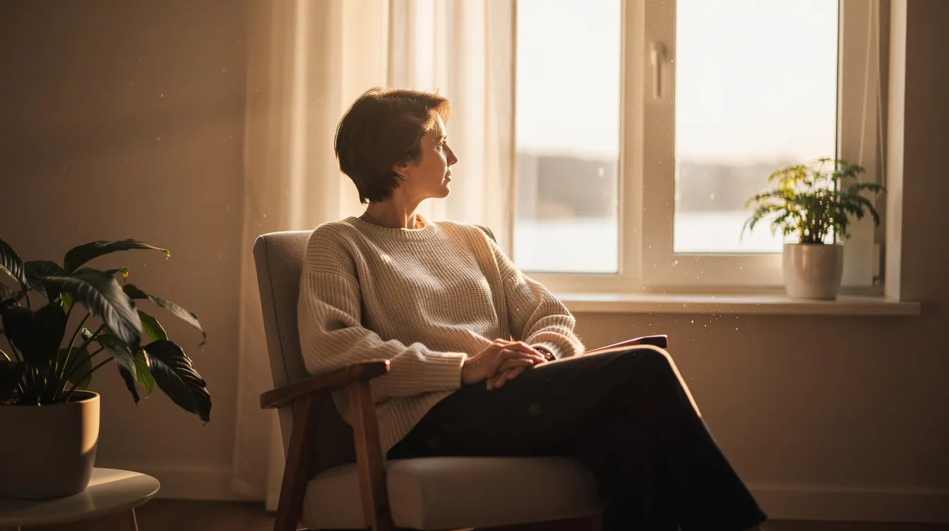 La imagen muestra a una persona sentada tranquilamente en una habitación iluminada por el sol, mirando por la ventana, lo que sugiere un momento de calma en medio de una posible angustia emocional. Esta escena serena contrasta con los síntomas del trauma a los que se enfrentan muchos supervivientes de traumas, entre los que se incluyen los trastornos de ansiedad y la dificultad para regular las emociones.