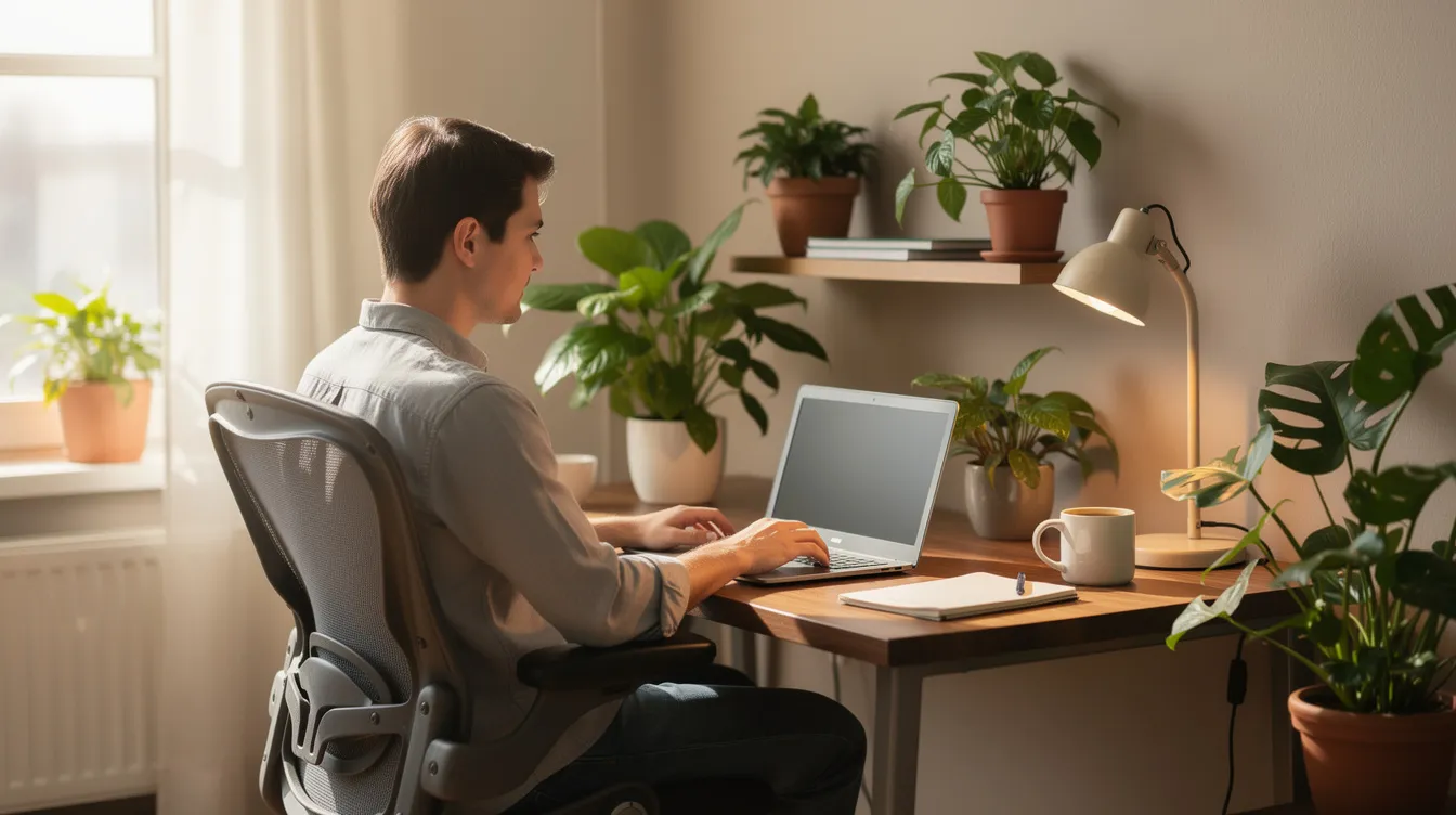 Una persona está cómodamente sentada en el escritorio de su casa, trabajando con un ordenador portátil rodeada de exuberantes plantas verdes, lo que crea un ambiente sereno que puede contribuir a mejorar la salud mental y las estrategias de afrontamiento de las personas que han sufrido traumas. La escena refleja un espacio de trabajo tranquilo, que puede resultar esencial para controlar los síntomas de angustia emocional y fomentar el bienestar general.