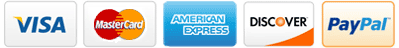 Visa, Mastercard, American Express, Discover credit cards and Paypal